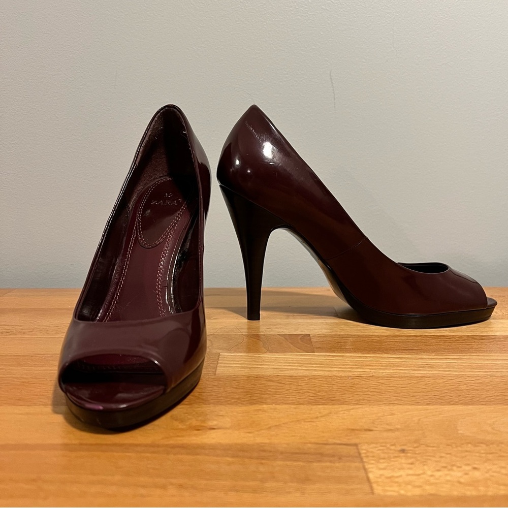 Zara Burgundy Patent Peep-Toe High Heels